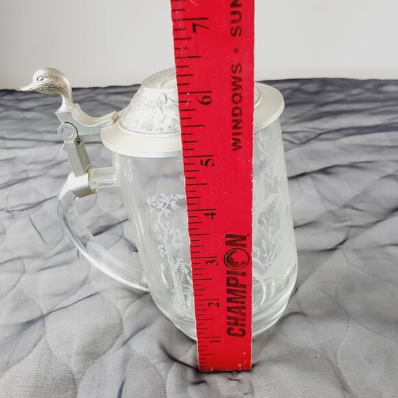 VTG Beer Stein Duck Mallard Etched Glass Pewter Lid 6” Beer Mug France Germany - Picture 9 of 11